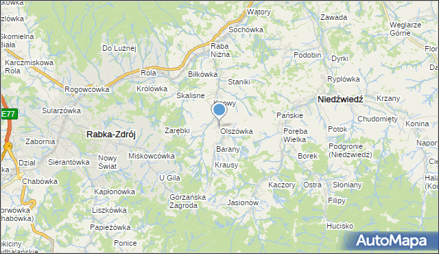 mapa Olszówka, Olszówka gmina Mszana Dolna na mapie Targeo